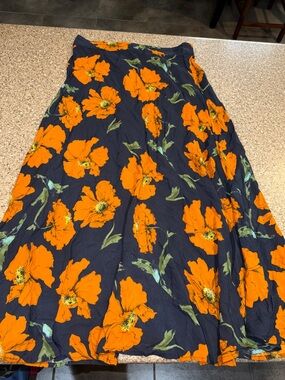Amour Vert Navy Maxi Skirt with Bold Orange Floral Print